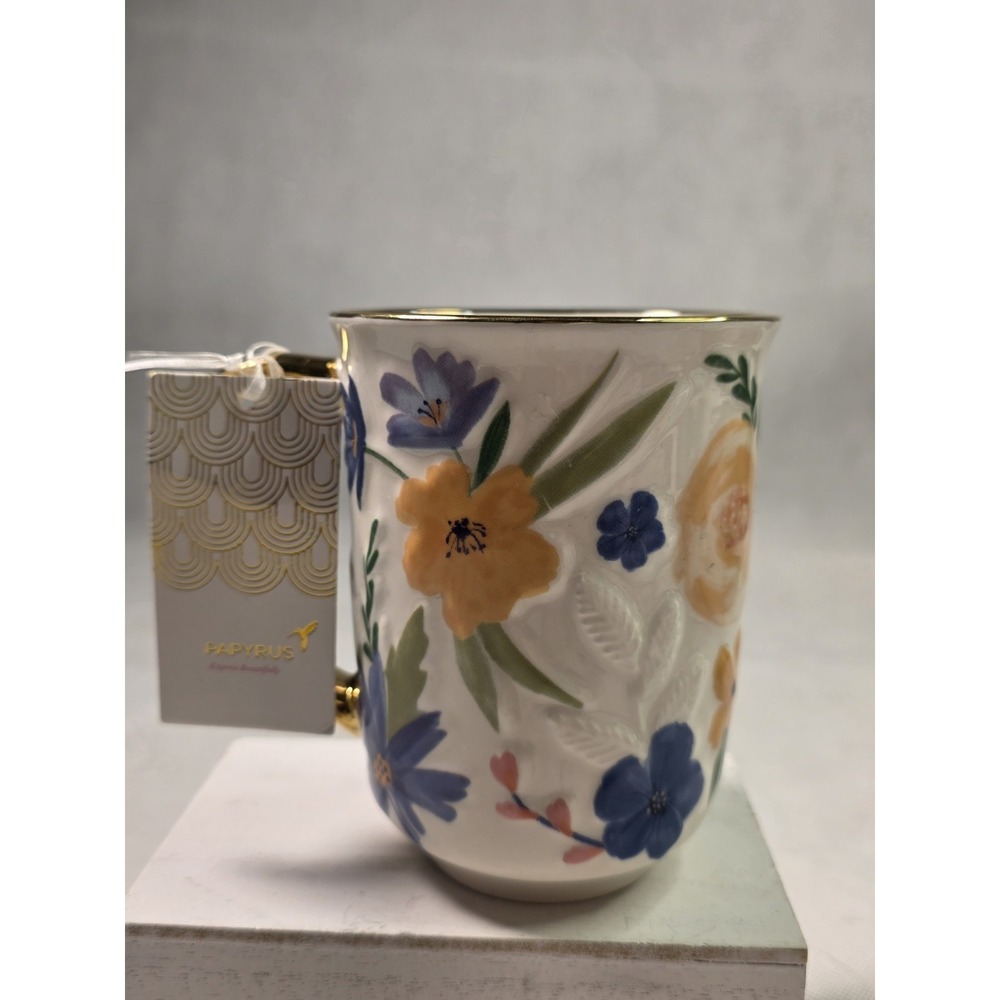 Papyrus Porcelain Ceramic Embossed Floral Coffee Mug 24K Gold Trim Handle 14oz